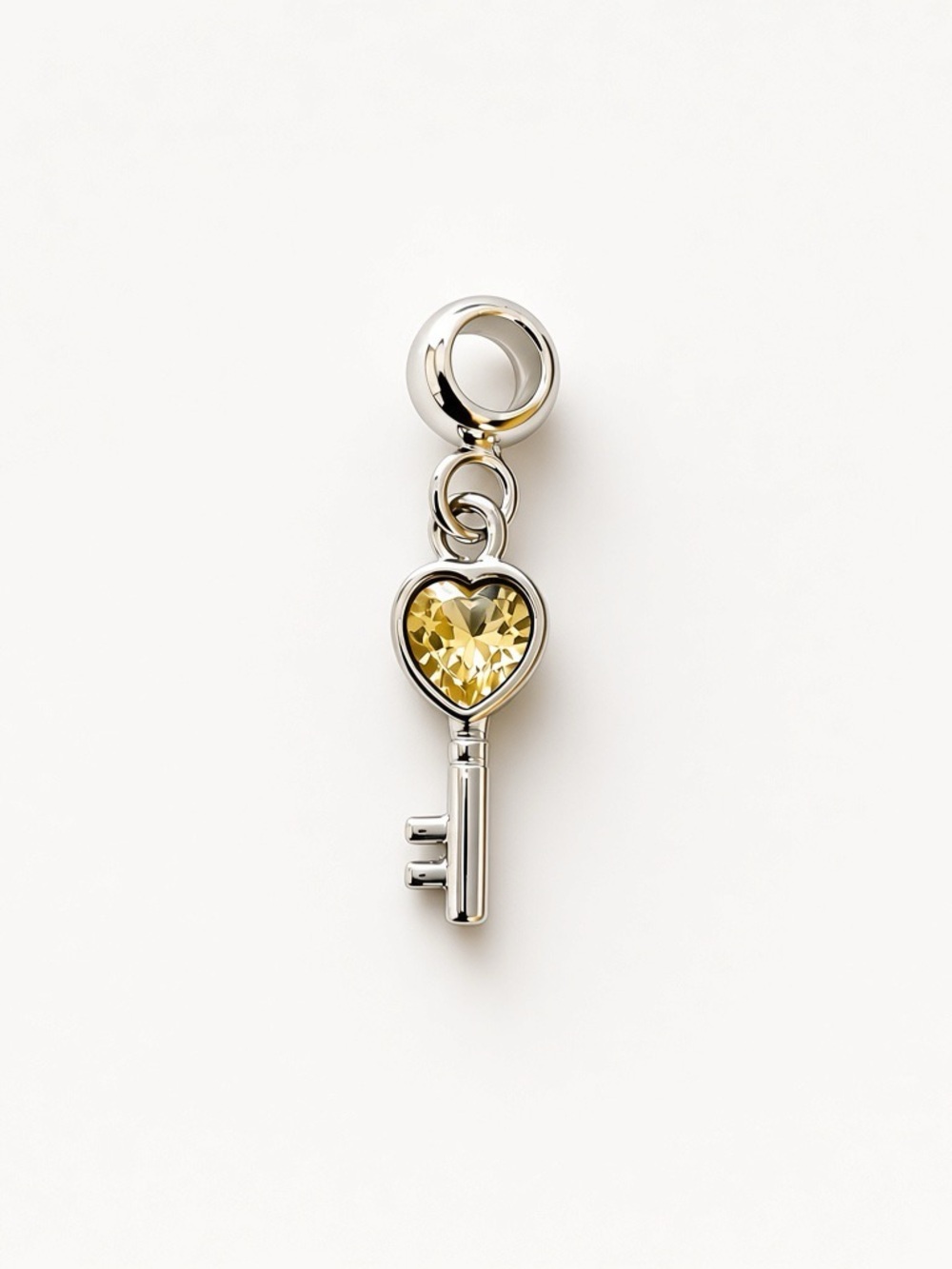 Silver Key Heart Charm with Yellow Crystal - Pandora Style